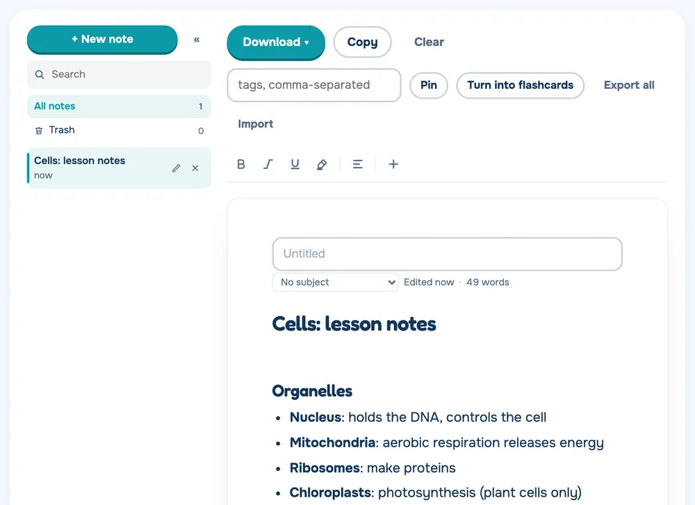 Lesson notes on cells in Brainlag Notes, with organelles, questions and a summary