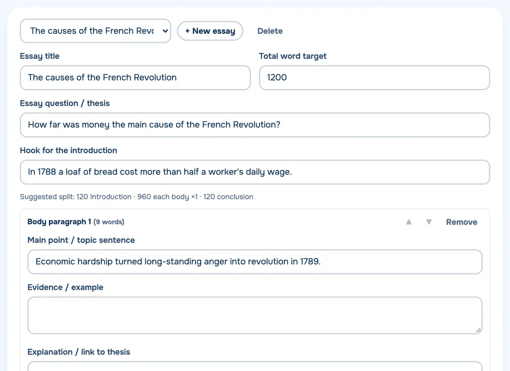 The Essay Planner with a French Revolution essay: title, word target, question, hook and the first main point