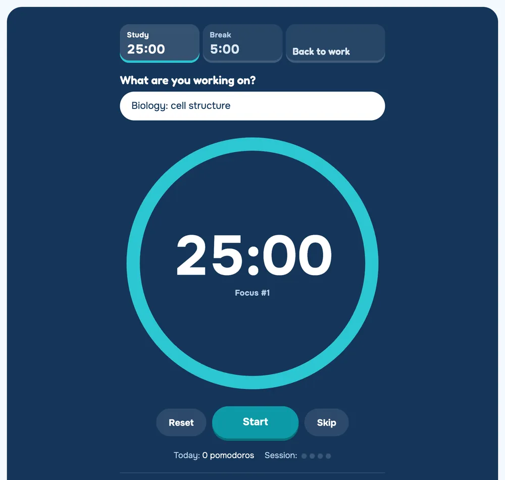 The Brainlag Focus Timer set to a 25:00 study block, working on biology: cell structure