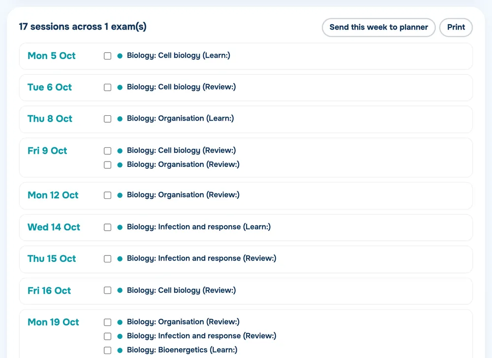A revision schedule for a biology exam, with learn and review sessions spread over the days before it