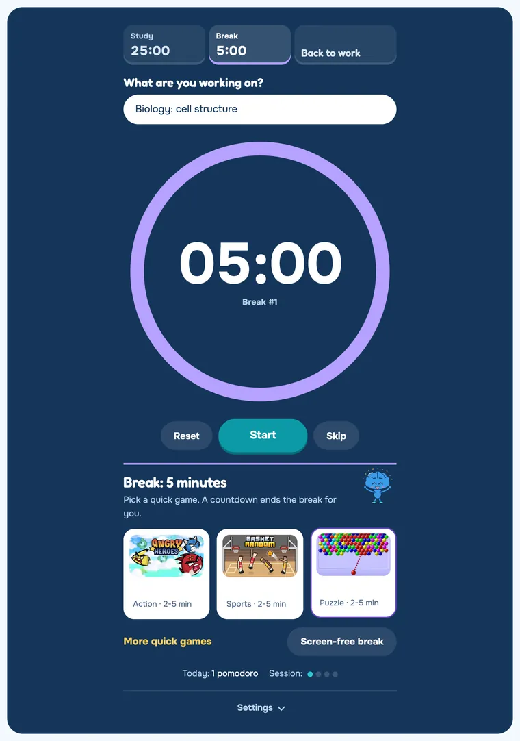 The Focus Timer on a 5-minute break, offering three short games and a screen-free break