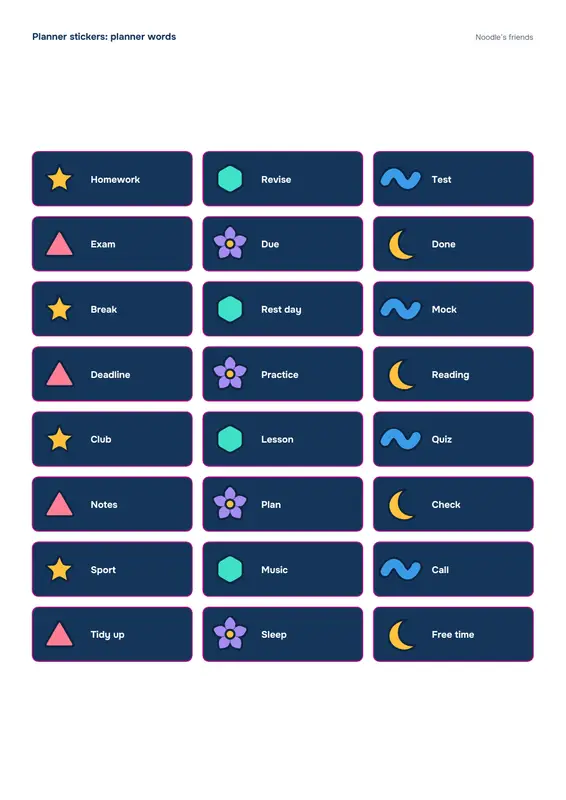 Page 3: Planner words (24 stickers)