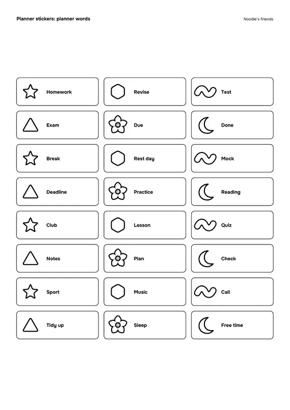 Page 3: Planner words (24 stickers)