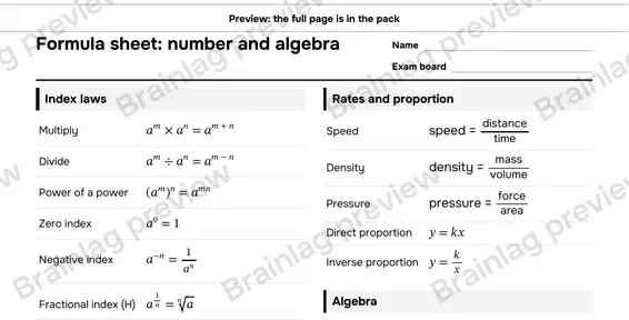 Page 2: Formula sheet: number and algebra