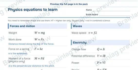 Page 2: Physics equations to learn