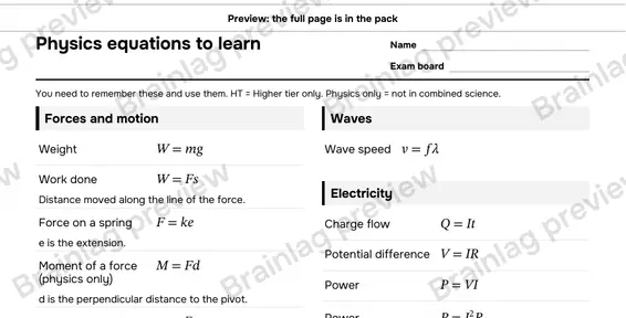 Page 2: Physics equations to learn